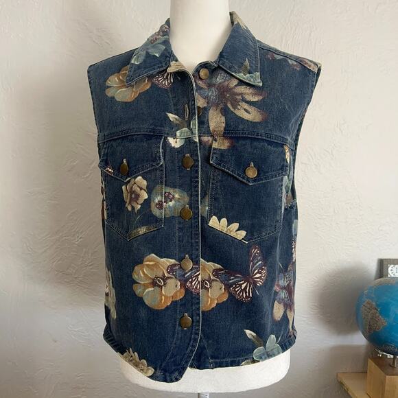 Venice Blue Jackets & Blazers - VTG Women's M All Over Butterfly Floral Print Festival Denim Vest Made in USA